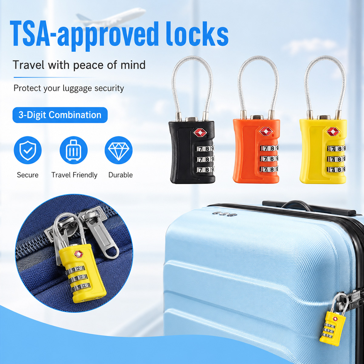 Cable Lock Combination - TSA goedgekeurd bagageslot 3-cijferige combinatiekabelslot voor